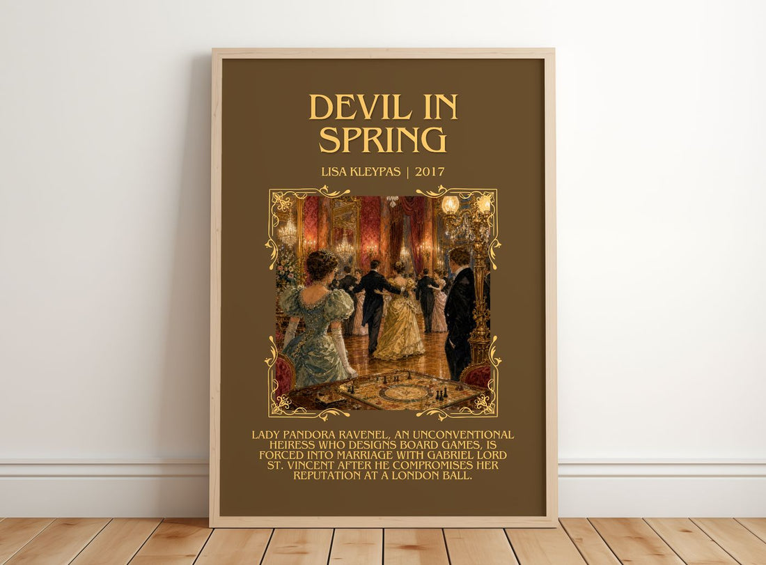 Devil in Spring Minimalist Book Poster by Lisa Kleypas – framed print leaning on a wooden floor
