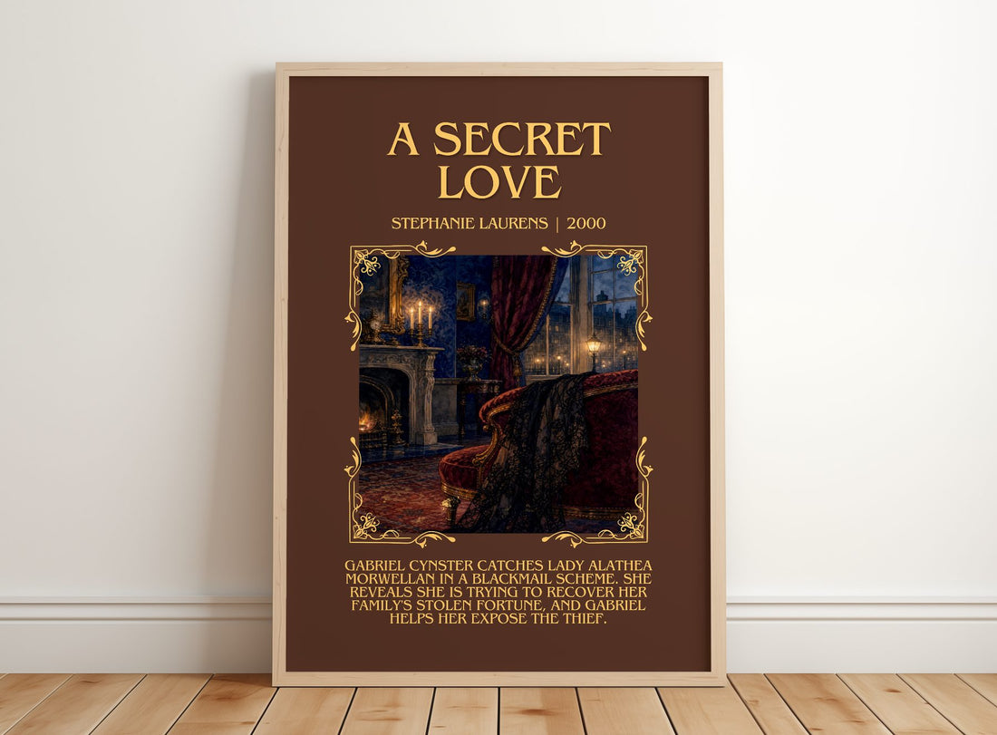 A Secret Love Minimalist Book Poster by Stephanie Laurens – framed print leaning on a wooden floor