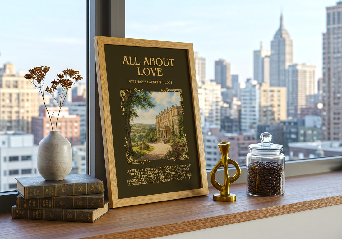 All About Love Minimalist Book Poster by Stephanie Laurens – framed print on a city-view windowsill