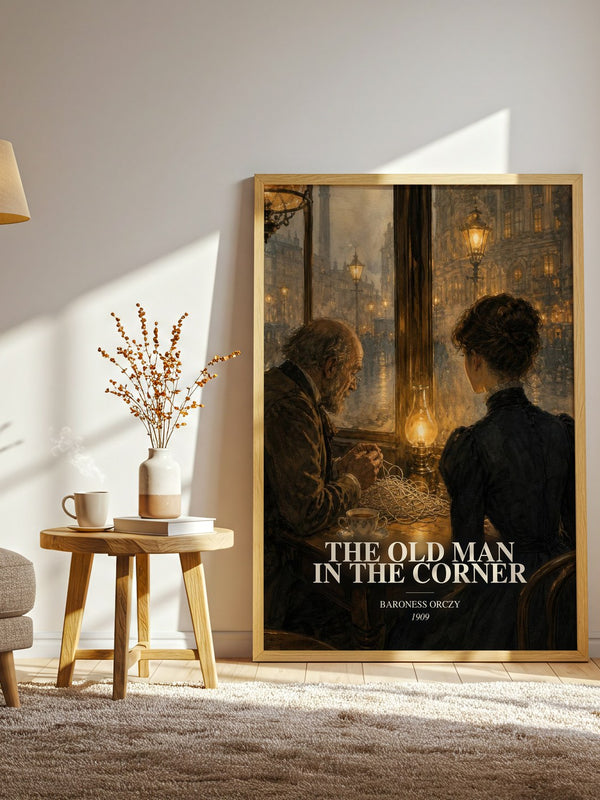 The Old Man In The Corner watercolour print in frame leaning in hallway – mystery wall art