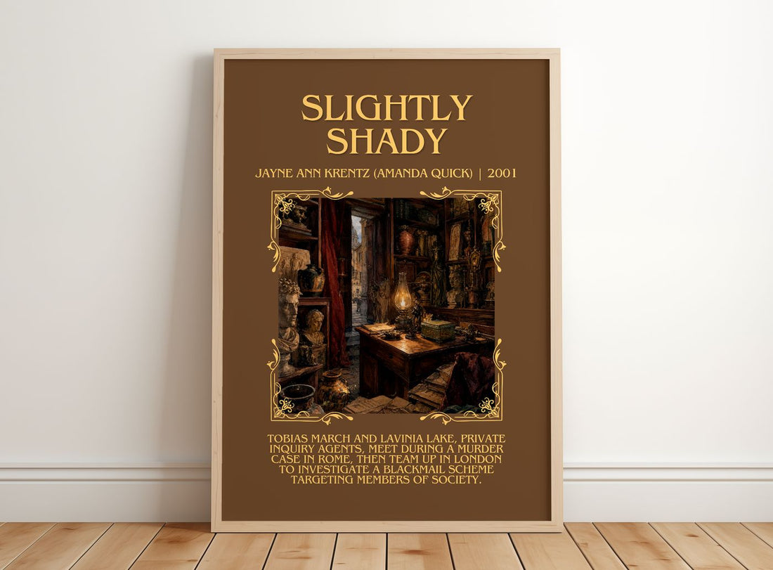 Slightly Shady Minimalist Book Poster by J. Quick) – framed print leaning on a wooden floor