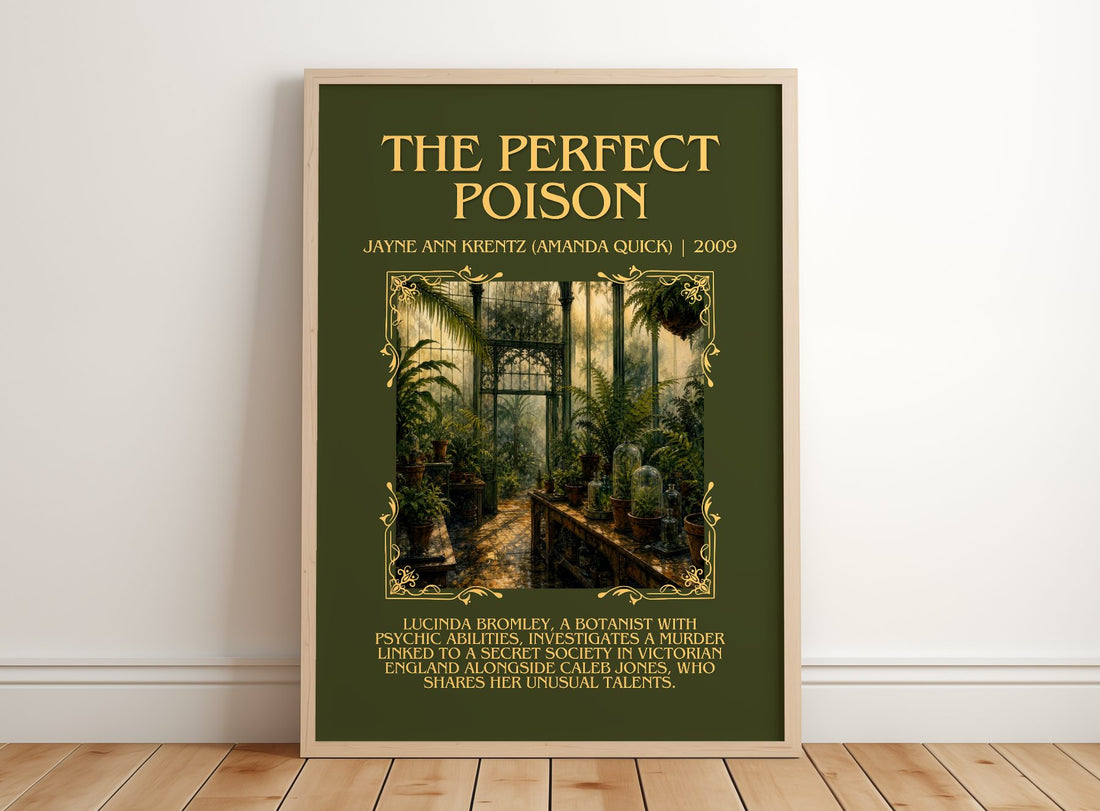 Perfect Poison Minimalist Book Poster by J. Quick) – framed print leaning on a wooden floor