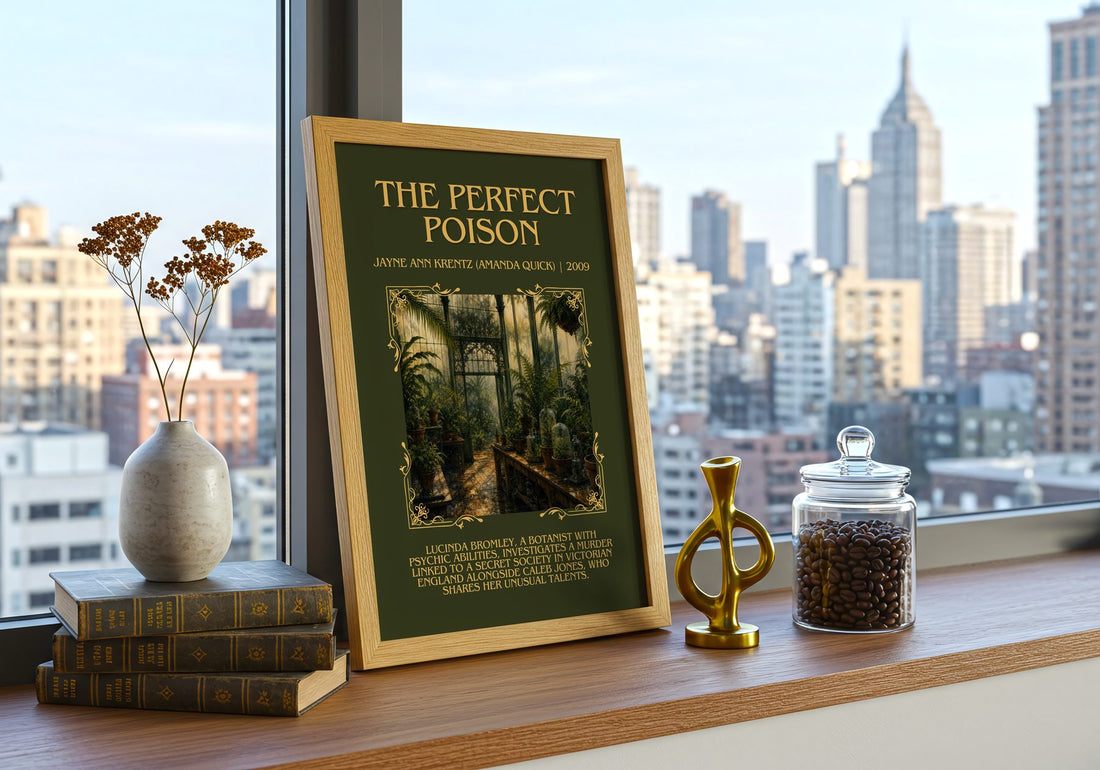 Perfect Poison Minimalist Book Poster by J. Quick) – framed print on a city-view windowsill