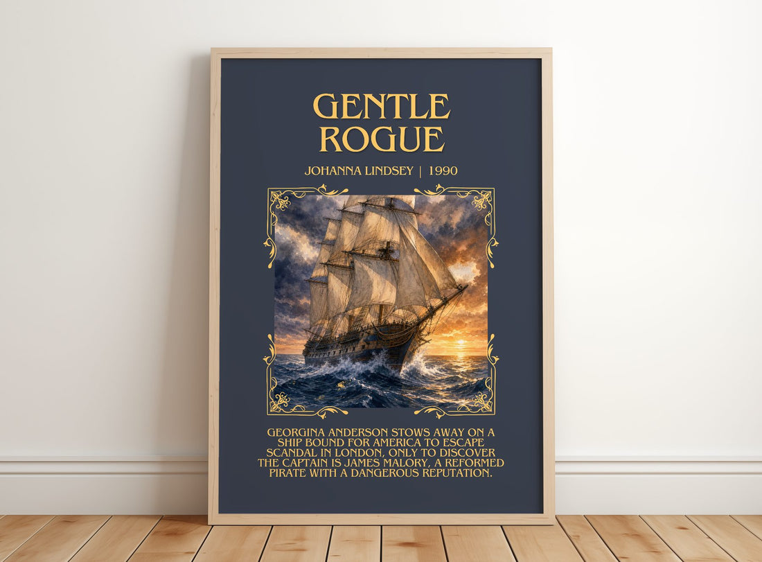 Gentle Rogue Minimalist Book Poster by Johanna Lindsey – framed print leaning on a wooden floor