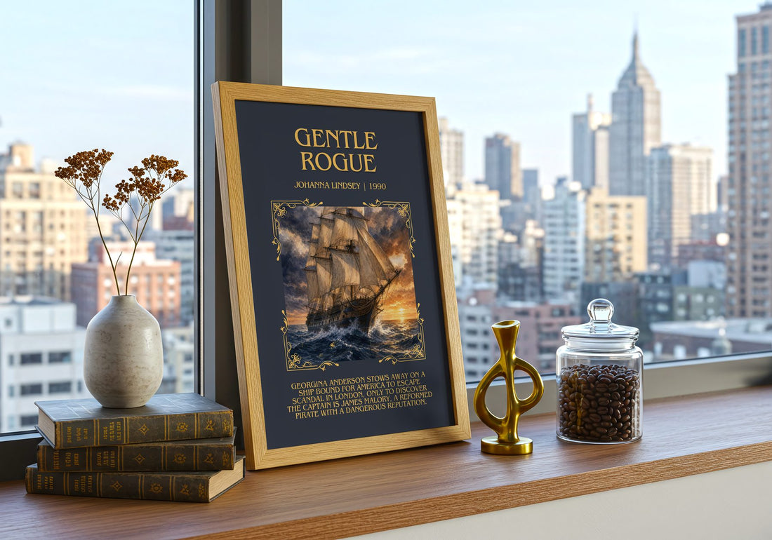 Gentle Rogue Minimalist Book Poster by Johanna Lindsey – framed print on a city-view windowsill