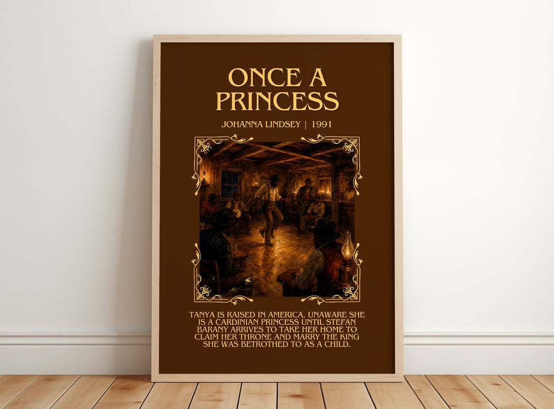 Once a Princess Minimalist Book Poster by Johanna Lindsey – framed print leaning on a wooden floor