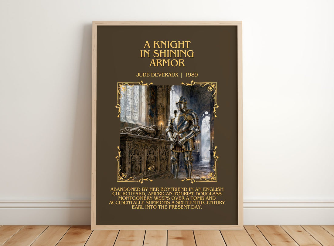 A Knight in Shining Armor Minimalist Book Poster by Jude Deveraux – framed print leaning on a wooden floor
