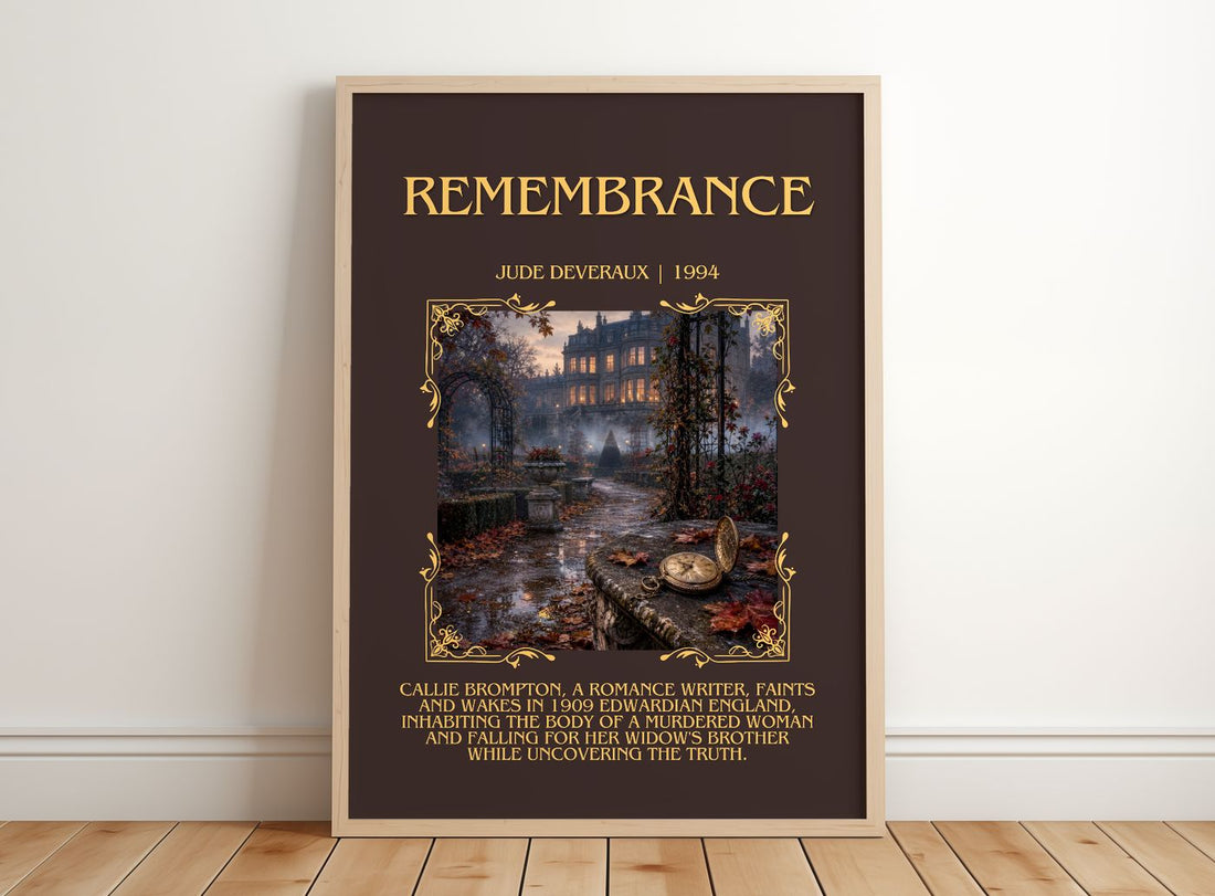 Remembrance Minimalist Book Poster by Jude Deveraux – framed print leaning on a wooden floor