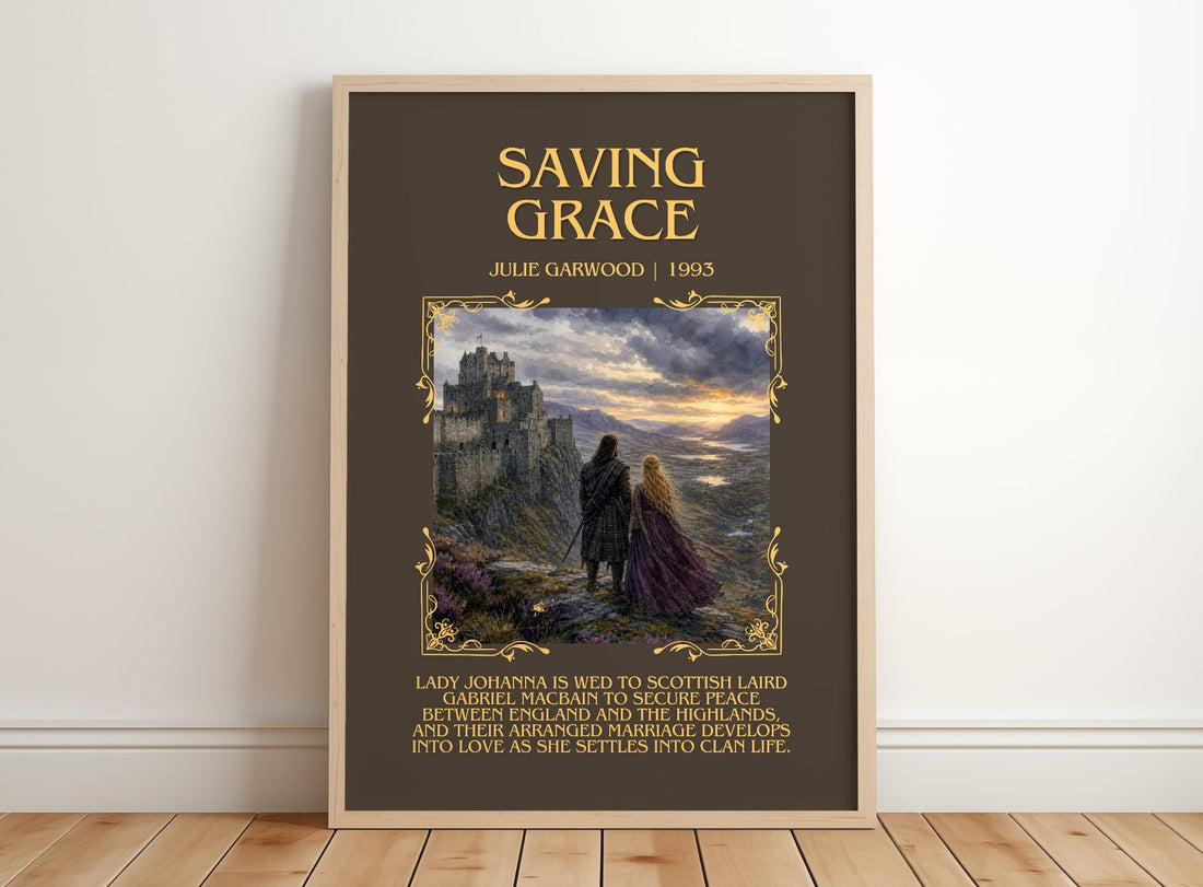 Saving Grace Minimalist Book Poster by Julie Garwood – framed print leaning on a wooden floor