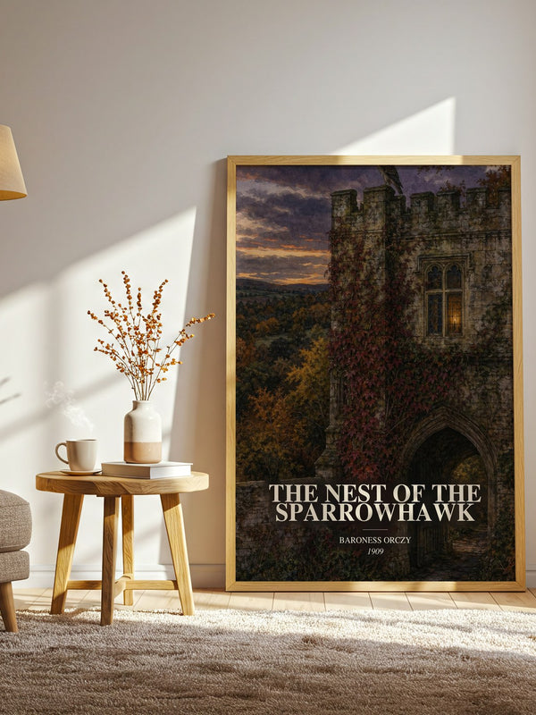 The Nest Of The Sparrowhawk watercolour print in frame leaning in hallway – historical fiction wall art