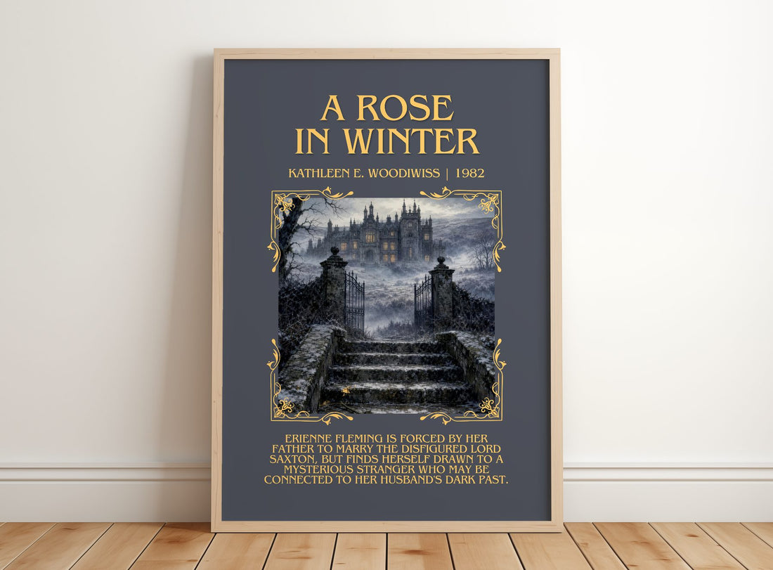 A Rose in Winter Minimalist Book Poster by Kathleen E. Woodiwiss – framed print leaning on a wooden floor