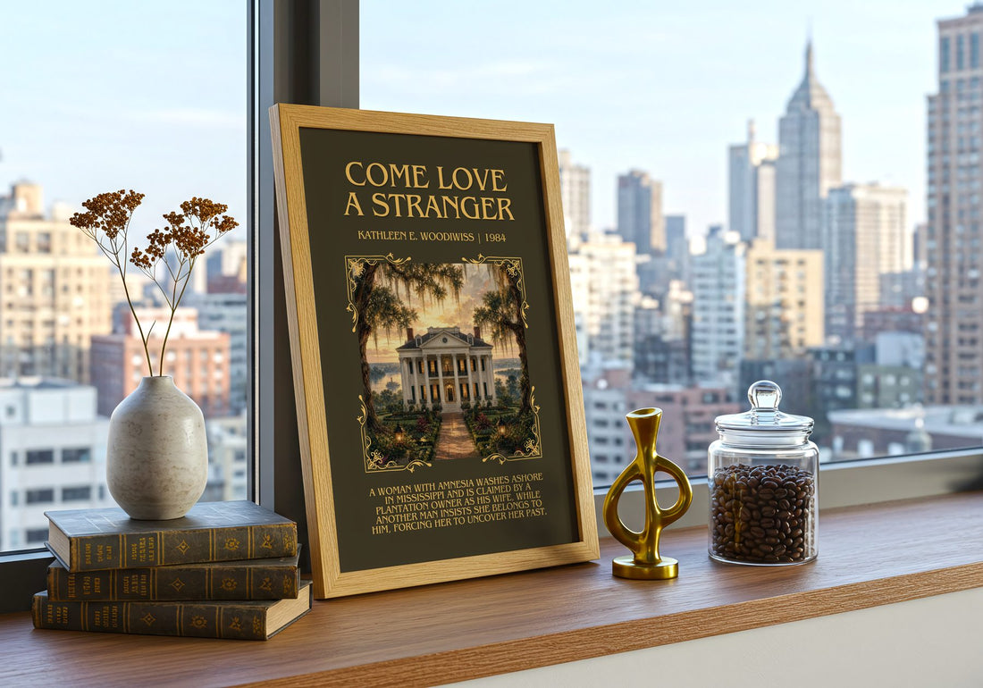 Come Love a Stranger Minimalist Book Poster by Kathleen E. Woodiwiss – framed print on a city-view windowsill