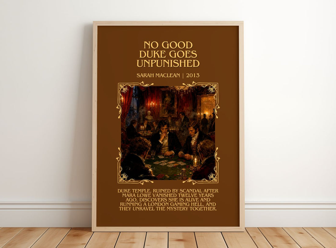No Good Duke Goes Unpunished Minimalist Book Poster by Sarah MacLean – framed print leaning on a wooden floor