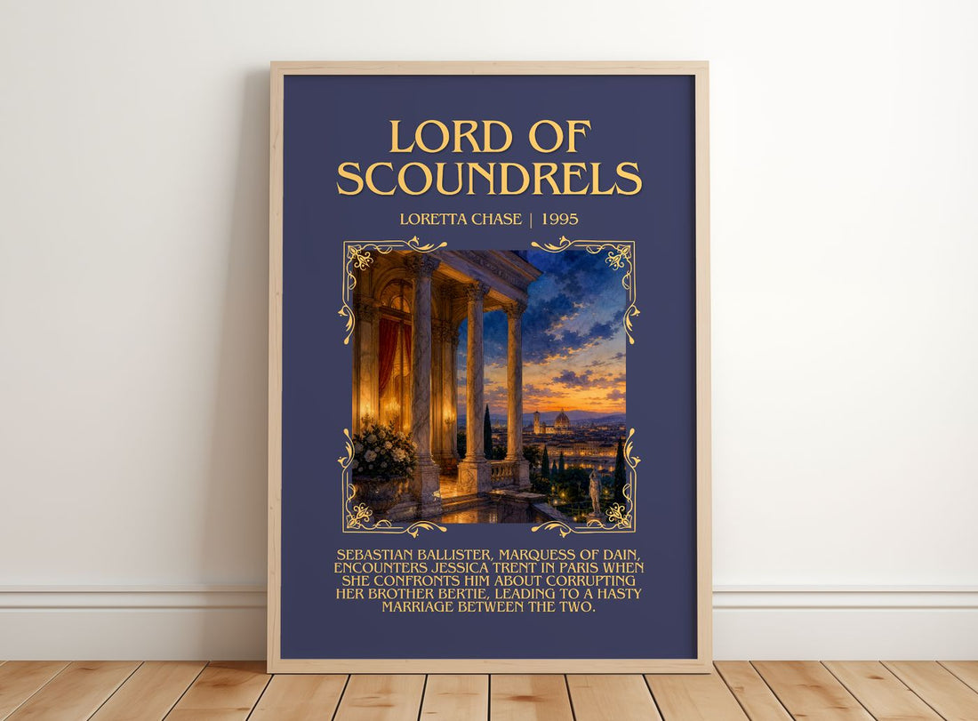 Lord of Scoundrels Minimalist Book Poster by Loretta Chase – framed print leaning on a wooden floor