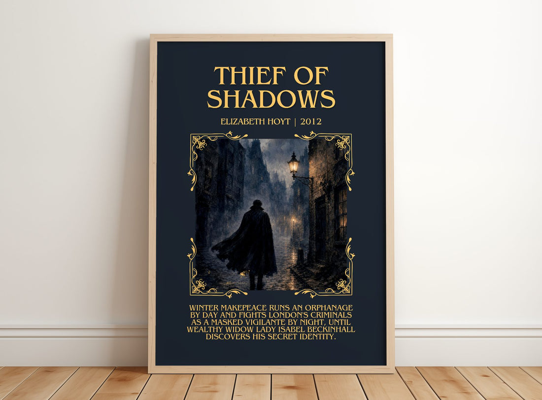 Thief of Shadows Minimalist Book Poster by Elizabeth Hoyt – framed print leaning on a wooden floor