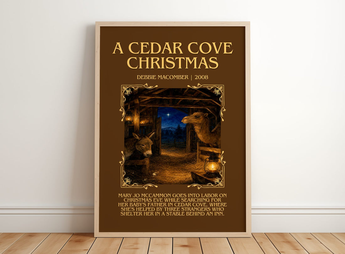 A Cedar Cove Christmas Minimalist Book Poster by Debbie Macomber – framed print leaning on a wooden floor