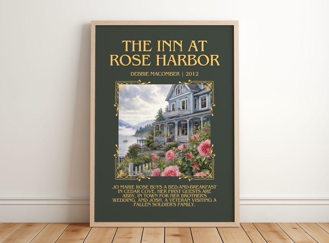 The Inn at Rose Harbor Minimalist Book Poster by Debbie Macomber – framed print leaning on a wooden floor