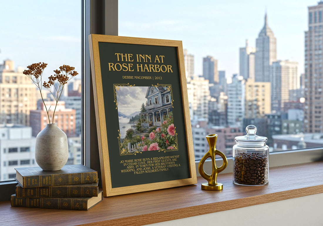 The Inn at Rose Harbor Minimalist Book Poster by Debbie Macomber – framed print on a city-view windowsill