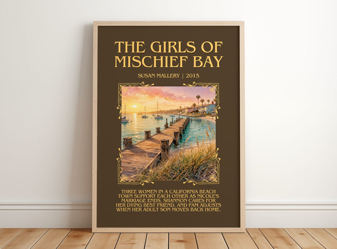 The Girls of Mischief Bay Minimalist Book Poster by Susan Mallery – framed print leaning on a wooden floor