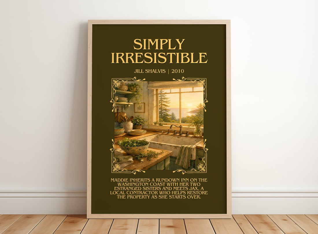Simply Irresistible Minimalist Book Poster by Jill Shalvis – framed print leaning on a wooden floor
