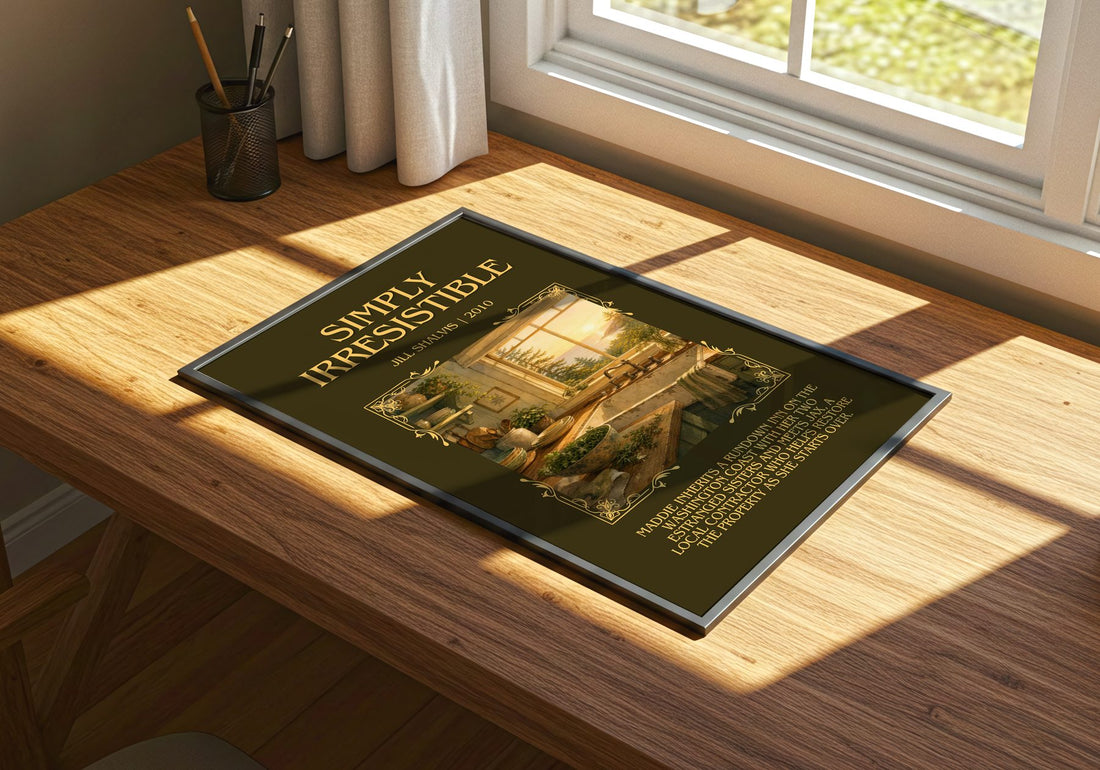 Simply Irresistible Minimalist Book Poster by Jill Shalvis – print on a sunlit desk