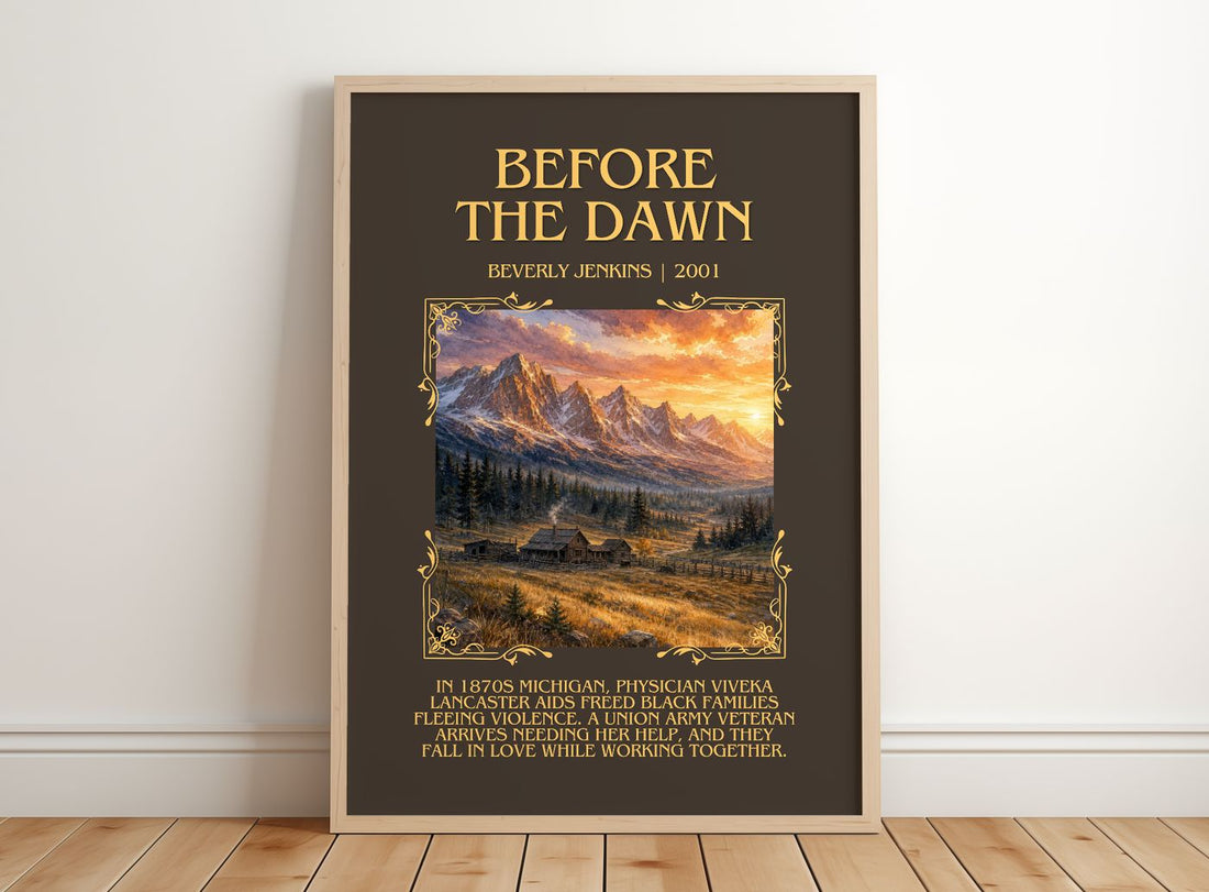 Before the Dawn Minimalist Book Poster by Beverly Jenkins – framed print leaning on a wooden floor