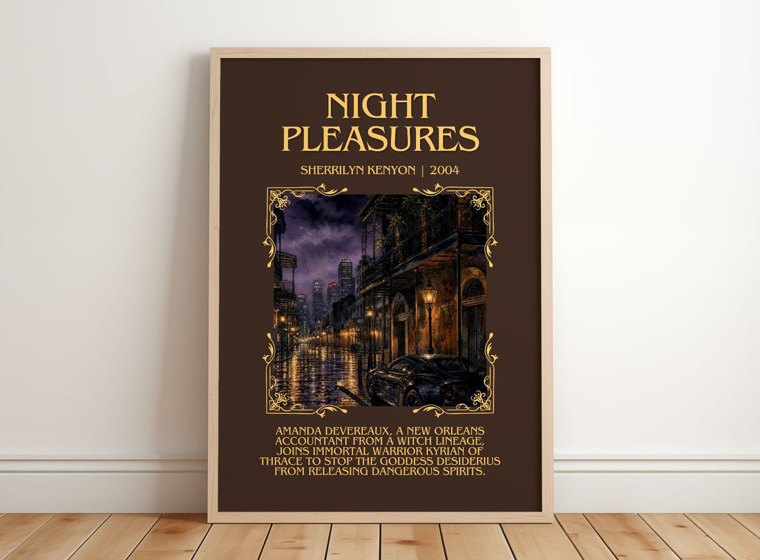 Night Pleasures Minimalist Book Poster by Sherrilyn Kenyon – framed print leaning on a wooden floor