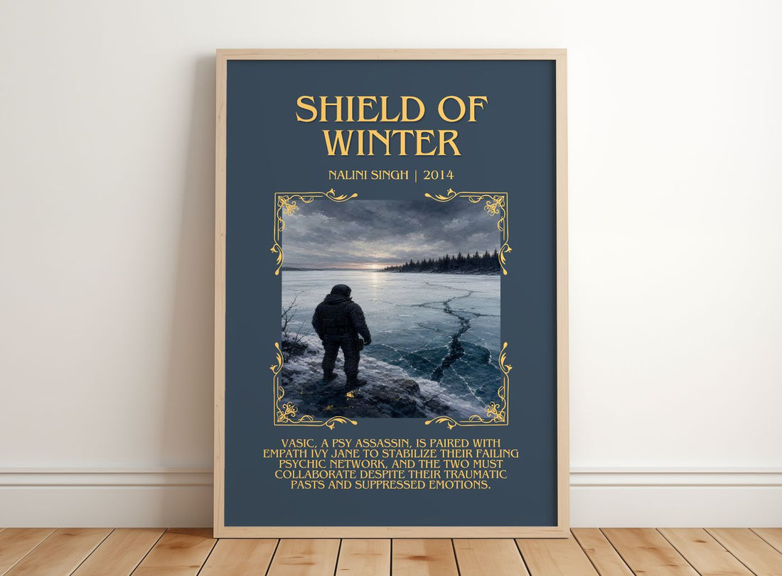 Shield of Winter Minimalist Book Poster by Nalini Singh – framed print leaning on a wooden floor