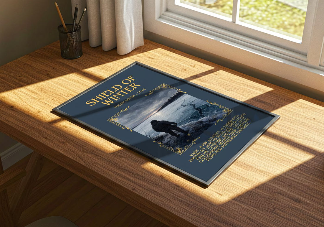 Shield of Winter Minimalist Book Poster by Nalini Singh – print on a sunlit desk
