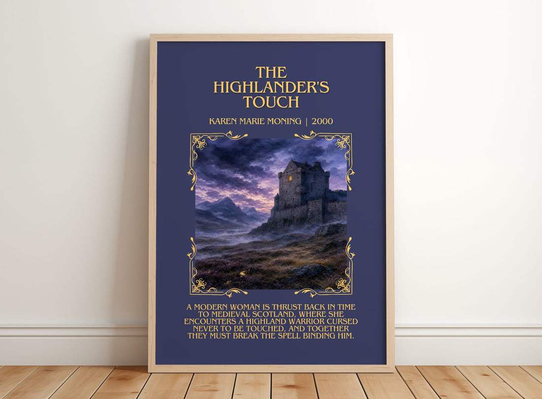 The Highlander's Touch Minimalist Book Poster by Karen Marie Moning – framed print leaning on a wooden floor