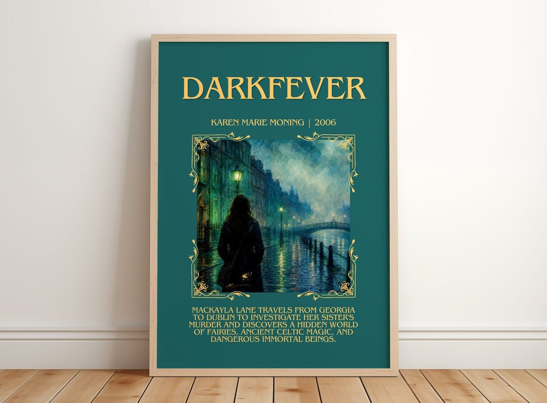 Darkfever Minimalist Book Poster by Karen Marie Moning – framed print leaning on a wooden floor