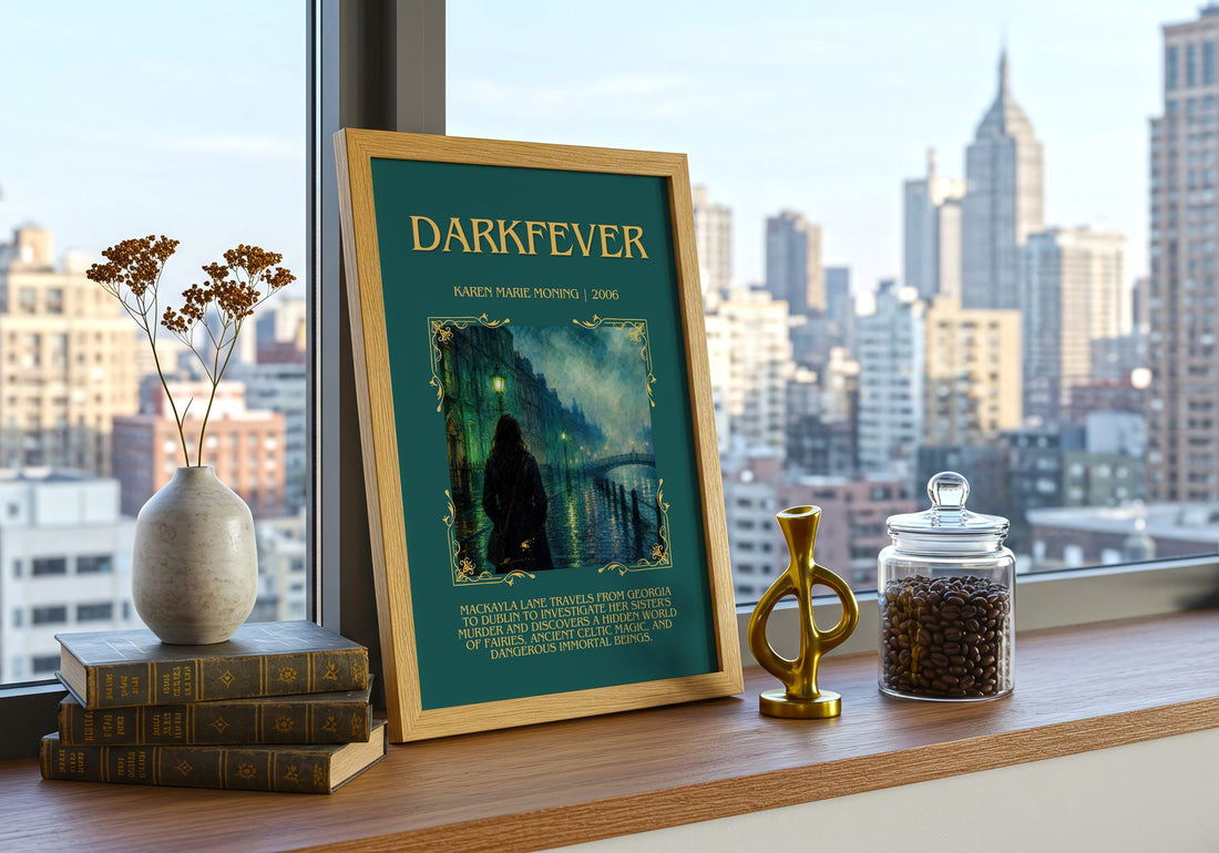 Darkfever Minimalist Book Poster by Karen Marie Moning – framed print on a city-view windowsill