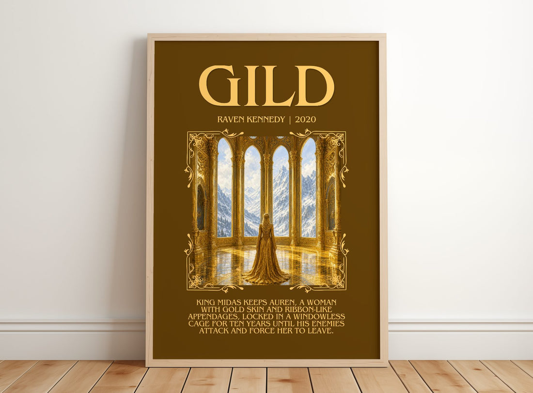 Gild Minimalist Book Poster by Raven Kennedy – framed print leaning on a wooden floor