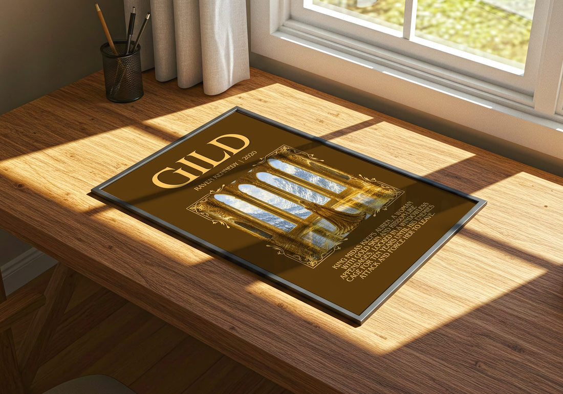 Gild Minimalist Book Poster by Raven Kennedy – print on a sunlit desk