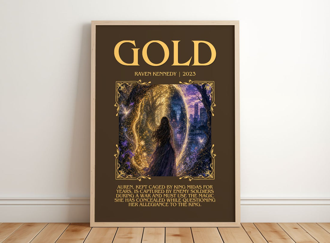 Gold Minimalist Book Poster by Raven Kennedy – framed print leaning on a wooden floor