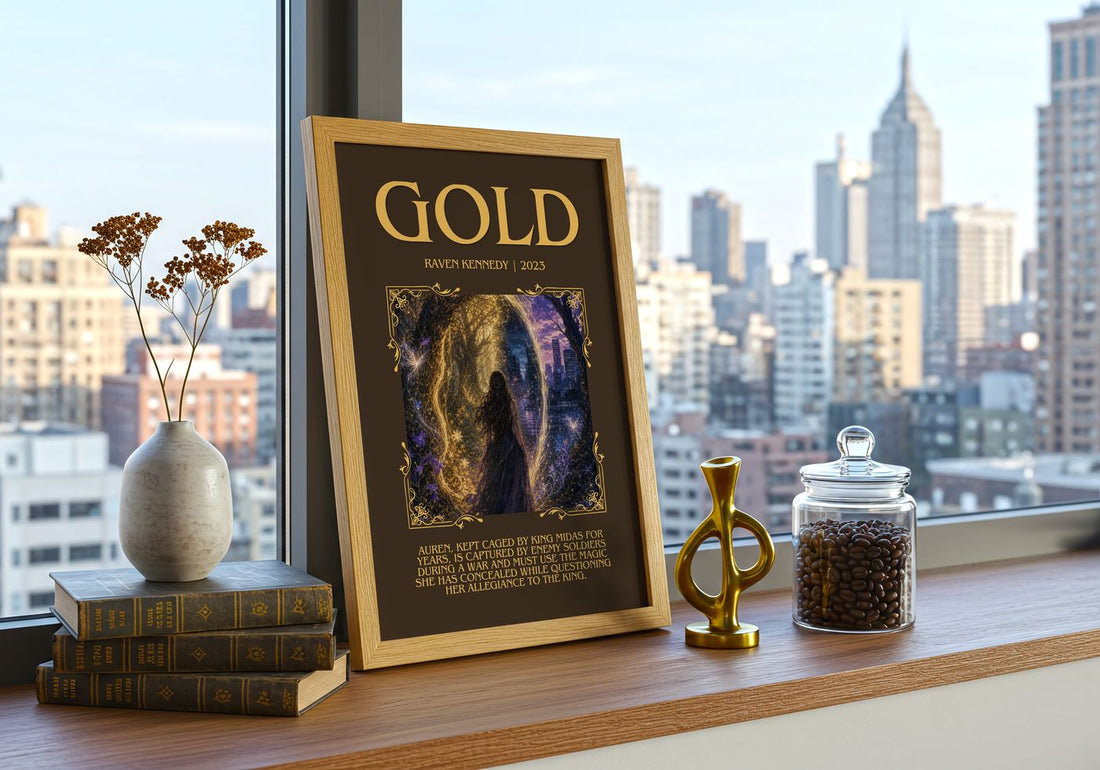 Gold Minimalist Book Poster by Raven Kennedy – framed print on a city-view windowsill