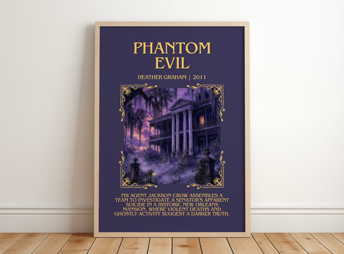 Phantom Evil Minimalist Book Poster by Heather Graham – framed print leaning on a wooden floor