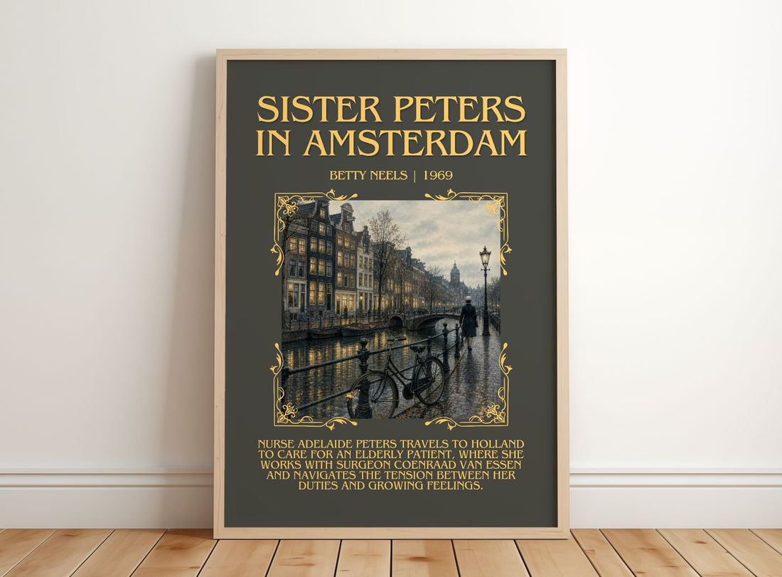 Sister Peters in Amsterdam Minimalist Book Poster by Betty Neels – framed print leaning on a wooden floor