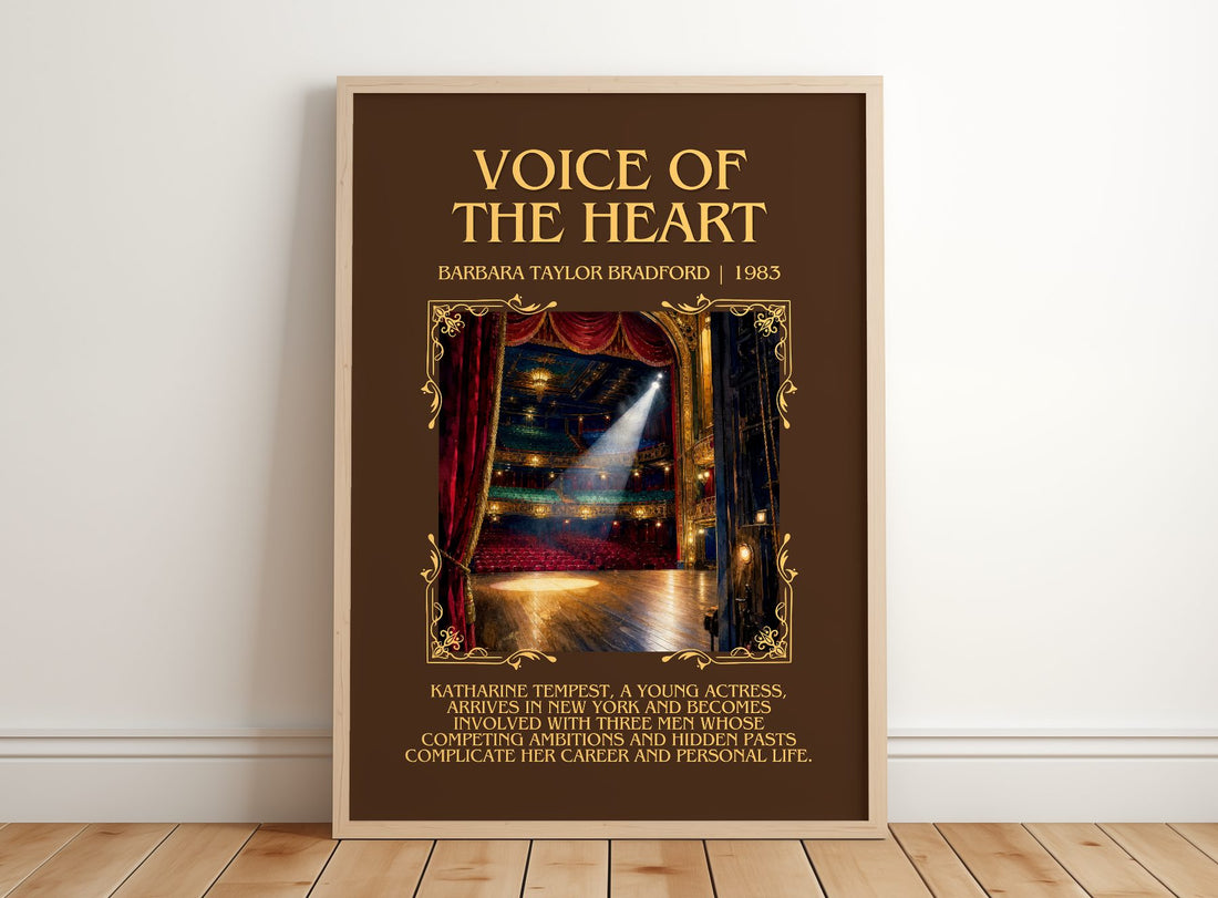 Voice of the Heart Minimalist Book Poster by Barbara Taylor Bradford – framed print leaning on a wooden floor