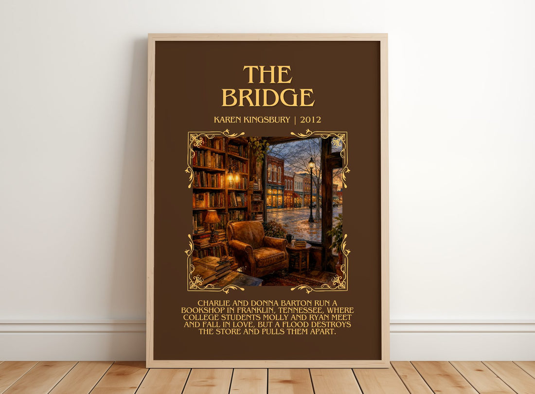 The Bridge Minimalist Book Poster by Karen Kingsbury – framed print leaning on a wooden floor