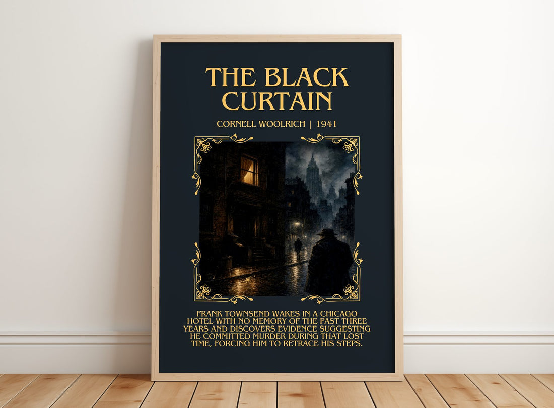 The Black Curtain Minimalist Book Poster by Cornell Woolrich – framed print leaning on a wooden floor