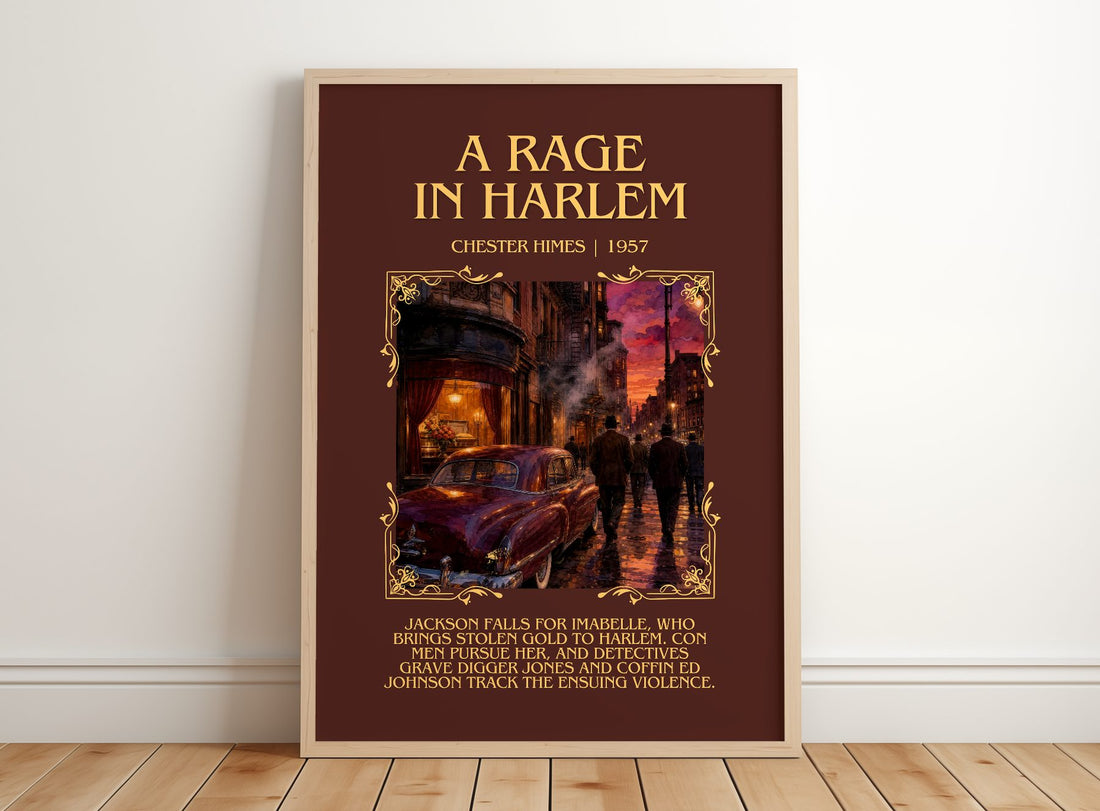 A Rage in Harlem Minimalist Book Poster by Chester Himes – framed print leaning on a wooden floor