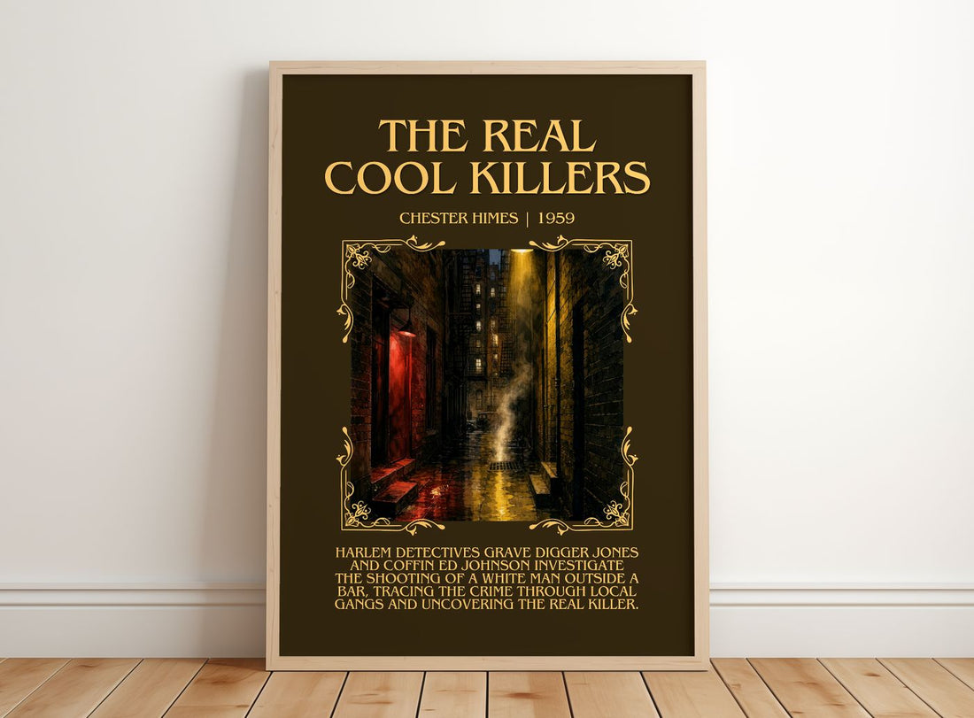 The Real Cool Killers Minimalist Book Poster by Chester Himes – framed print leaning on a wooden floor