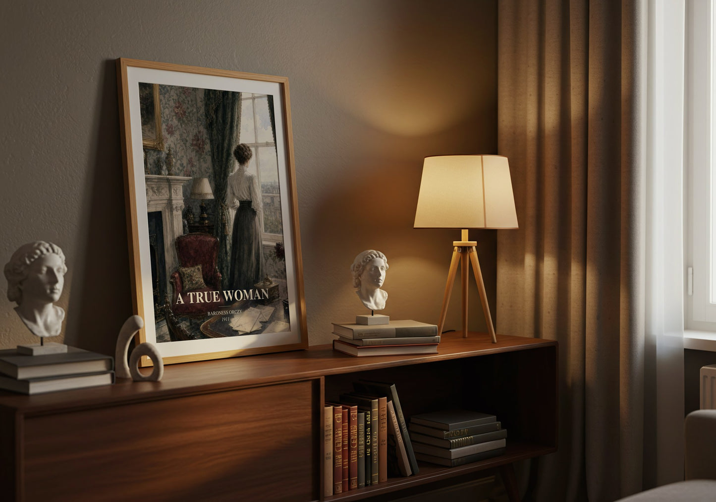 A True Woman watercolour print on bookshelf – Baroness Orczy fan gift