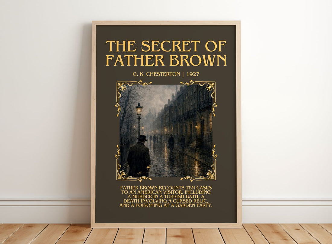 The Secret of Father Brown Minimalist Book Poster by G. K. Chesterton – framed print leaning on a wooden floor