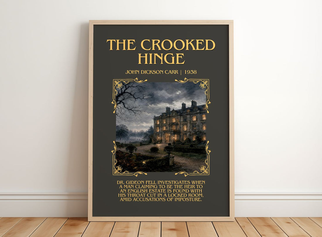 The Crooked Hinge Minimalist Book Poster by John Dickson Carr – framed print leaning on a wooden floor