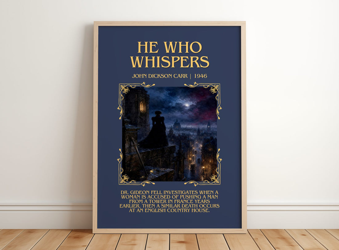 He Who Whispers Minimalist Book Poster by John Dickson Carr – framed print leaning on a wooden floor