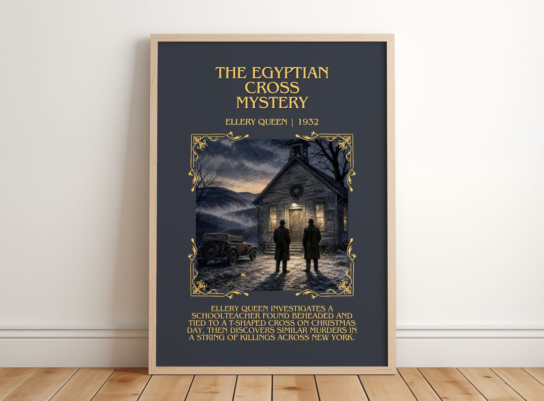 The Egyptian Cross Mystery Minimalist Book Poster by Ellery Queen – framed print leaning on a wooden floor