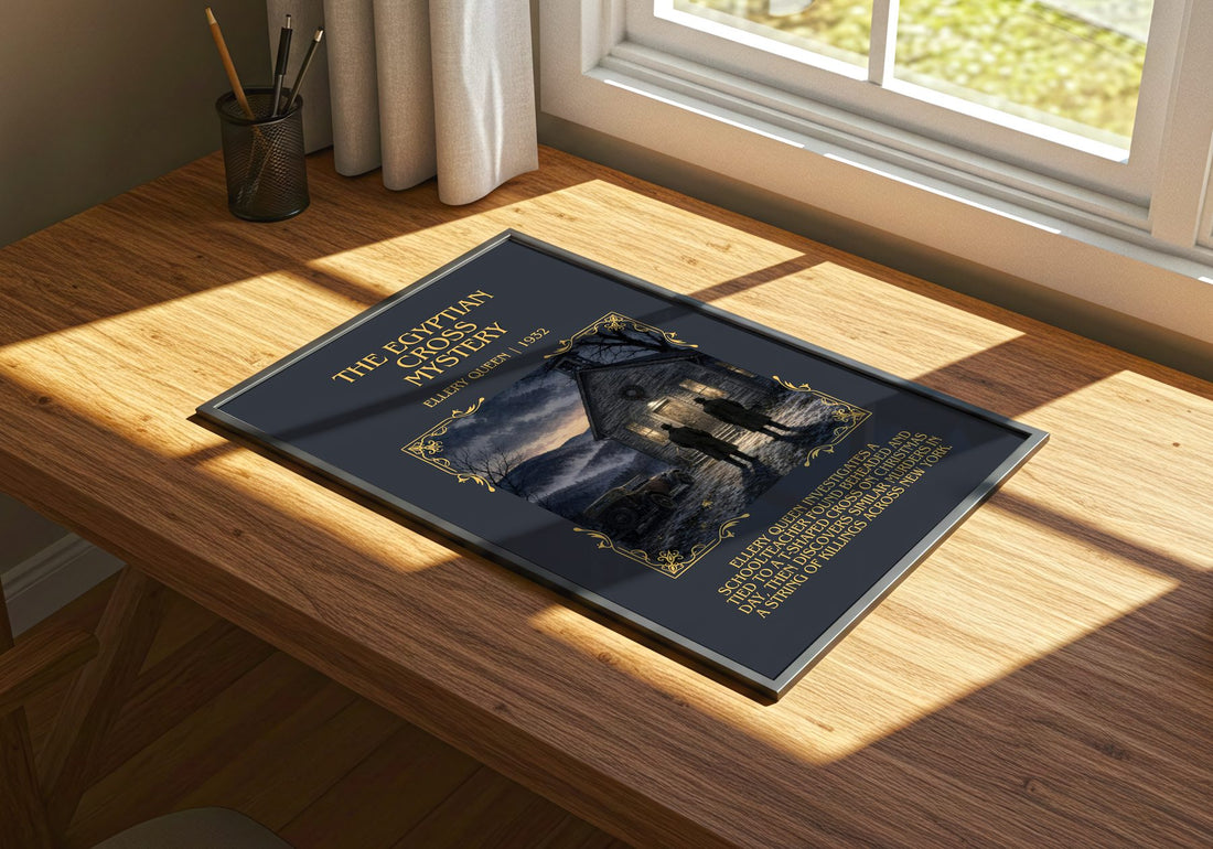 The Egyptian Cross Mystery Minimalist Book Poster by Ellery Queen – print on a sunlit desk