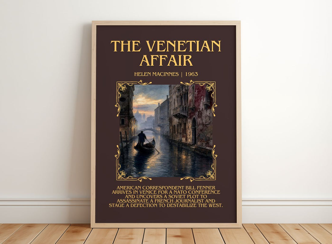 The Venetian Affair Minimalist Book Poster by Helen MacInnes – framed print leaning on a wooden floor